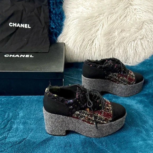 CHANEL 2013 platform plaid tweed loafers / shoes Luxury size EU 38 / US 7.5 - Picture 12 of 17